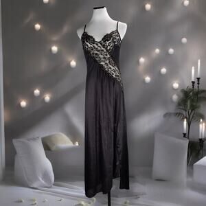 Vintage 90s Black Lace Slip Dress M Sheer Nylon Goth Boudoir Maxi